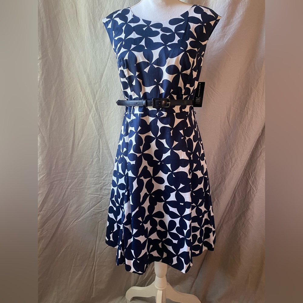 INC International Concepts Women’s Printed Belted A-Line Navy Blue White Dress